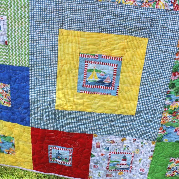 Vintage Handmade Patchwork Quilt Cotton Beach Ocean Seaside Theme - Picture 3 of 15